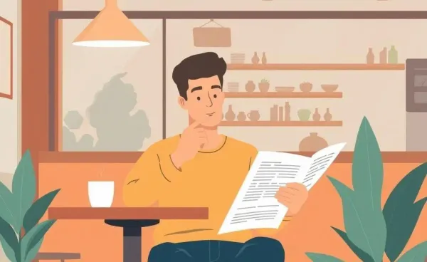 A cartoon image of a person analyzing car insurance options at a coffee shop.