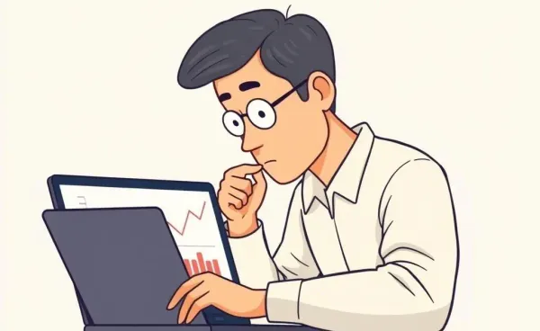 A middle-aged person pondering over financial charts on a laptop