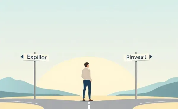 Person standing at a crossroads with signs reading 'Explore', 'Plan', 'Invest'.