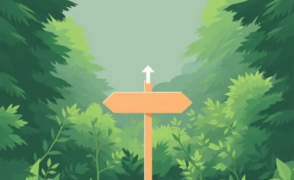 A direction board in a forest symbolizing navigating midlife