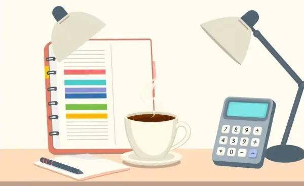 Cartoon-style cozy desk setup with budgeting tools.