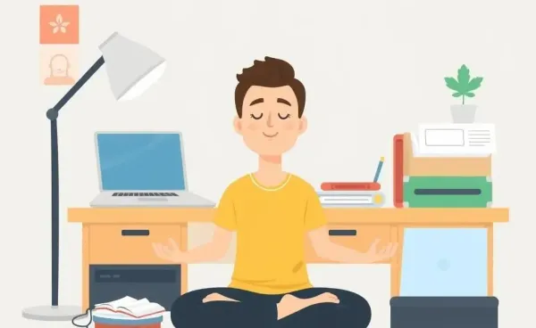 Person meditating peacefully at a desk with digital devices