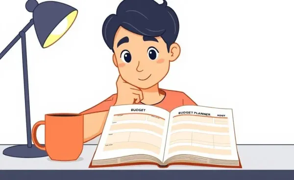 A person thoughtfully reviewing their budget planner at a desk
