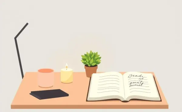 A peaceful desk setup with calming elements like a candle and plant