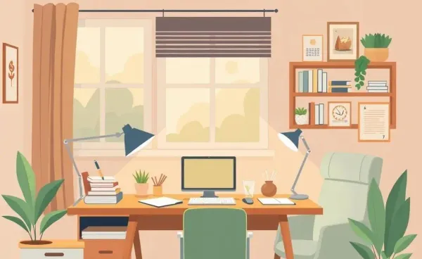 A warm, cozy home office desk with financial planning tools.