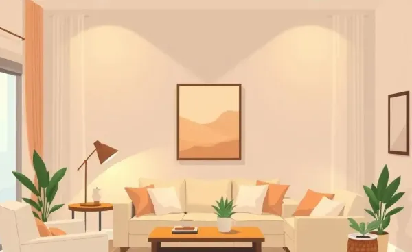 A cozy living room with warm lighting and soft furnishings