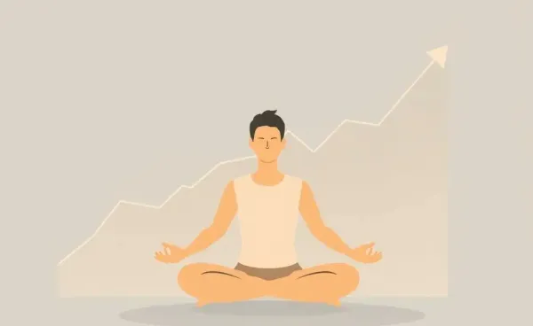 A person meditating with a stock chart in the background, depicting mindful investing.