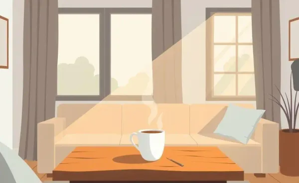A cozy living room with a warm cup of tea on a wooden table