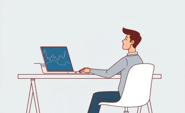 Illustration of a person calmly watching stock market graphs on a laptop