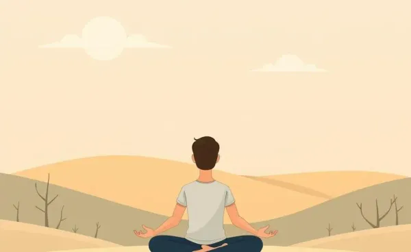 Cartoon person meditating in a serene landscape