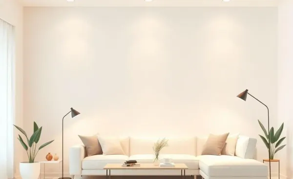 A serene, minimalistic living room with soft lighting