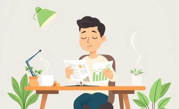 Person reviewing financial portfolio at desk with coffee and plants