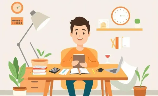 Person at a desk surrounded by budgeting tools, symbolizing mindful spending.