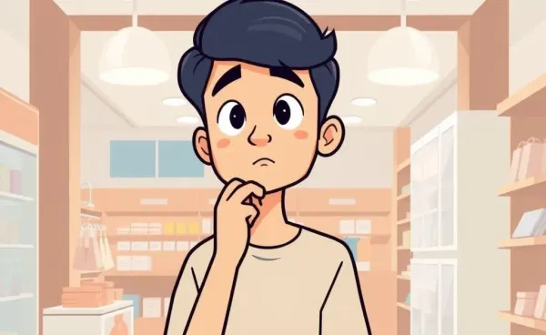 A person standing at a store shelf, considering a purchase carefully.