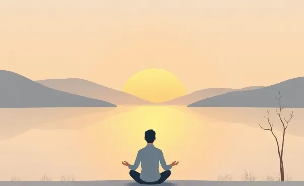 An illustration of a person meditating by a calm lake at sunrise