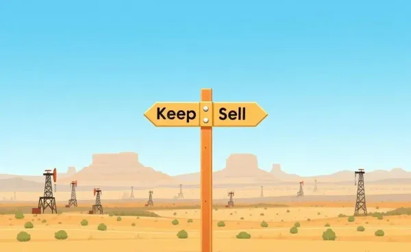 A crossroads sign with paths labeled 'Keep' and 'Sell' among oil derricks in Texas