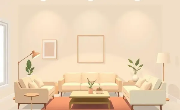 A minimalist living room with soft lighting and simple decor