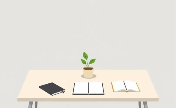 A minimalist desk with a single plant and notebook