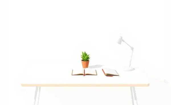 A clean, minimalist desk with a small potted plant and open notebook