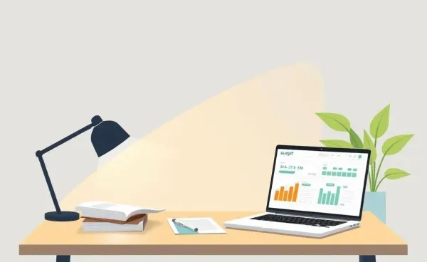 A minimalist work desk setup with financial documents and a laptop showing a budgeting app.