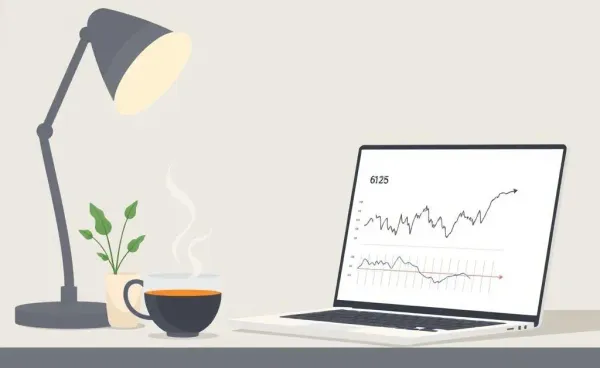 Minimalist desk with laptop displaying stock charts