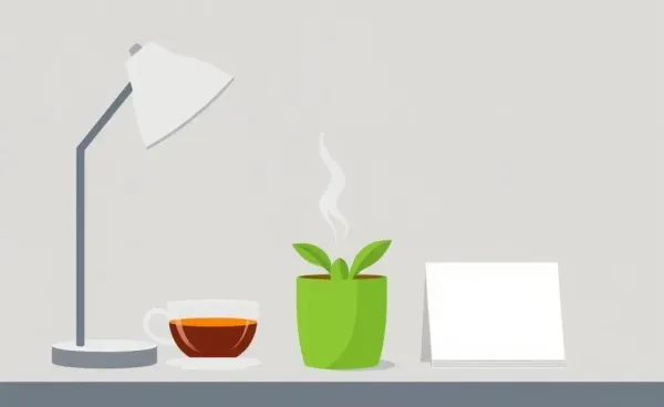 A minimalist desk with a plant, tea, and a notebook, symbolizing simplicity.