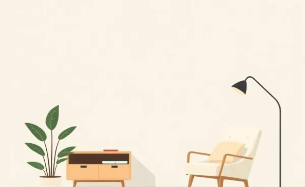 A serene, clutter-free living room with a single plant and a cozy reading nook