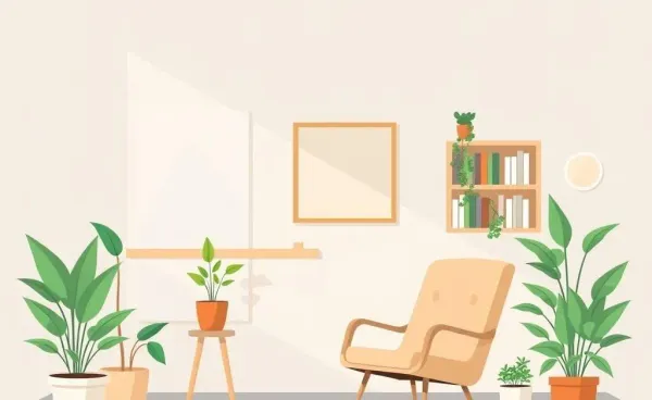 A minimalist living room with plants and simple furnishings