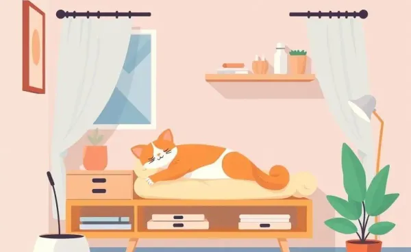 A minimalist living room with a cat on a shelf