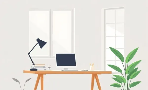 A clean and simple minimalist workspace with a desk and plant
