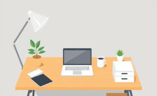 A clean, minimalist workspace with a laptop and a plant