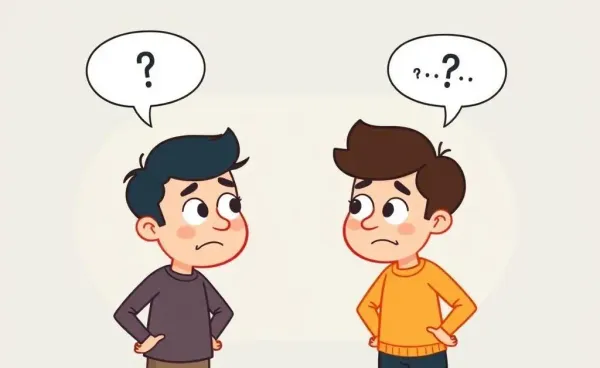 Cartoon of two people talking past each other with confused expressions