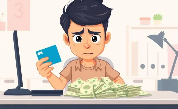 A worried person holding a credit card while looking at bills on a desk