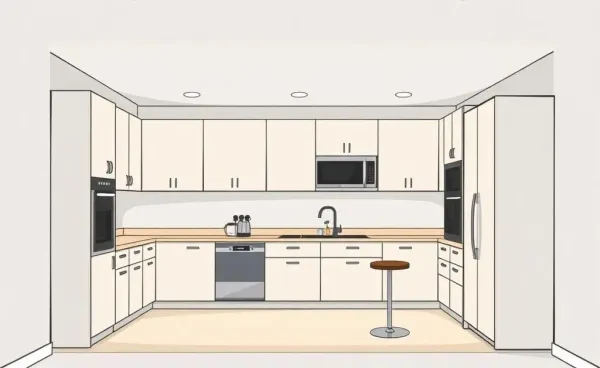 Illustration of a basement with a kitchen and a wet bar