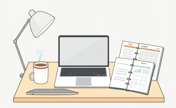 Cartoon-style modern desk with financial planning items
