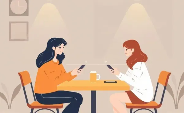 Two friends chatting at a café with smartphones in view