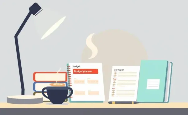 A desk setup with budget planners, coffee, and a lamp for cash management.