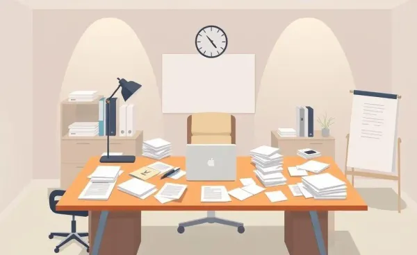 Modern lawmaker's office desk with documents and laptop