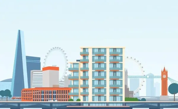 Illustration of a London skyline with a modern flat