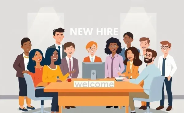 Cartoon image of a diverse group at a welcoming office onboarding session