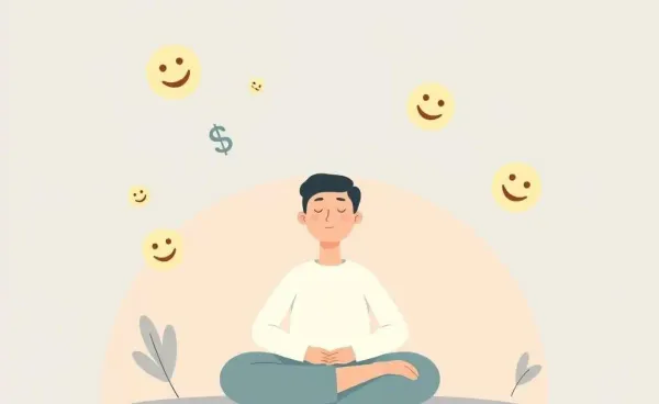 A cartoon depicting a person managing money anxiety peacefully.