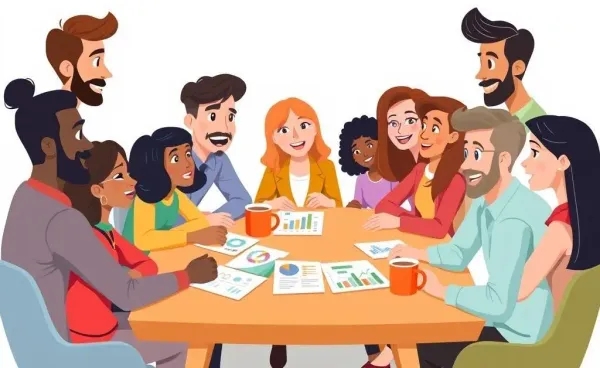 Group of people discussing money management around a table