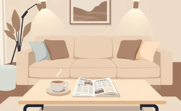 A cozy living room setting with a financial newspaper and a cup of tea on a coffee table