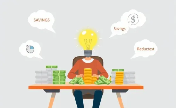 Person pondering financial goals at a desk with visualizations of money.