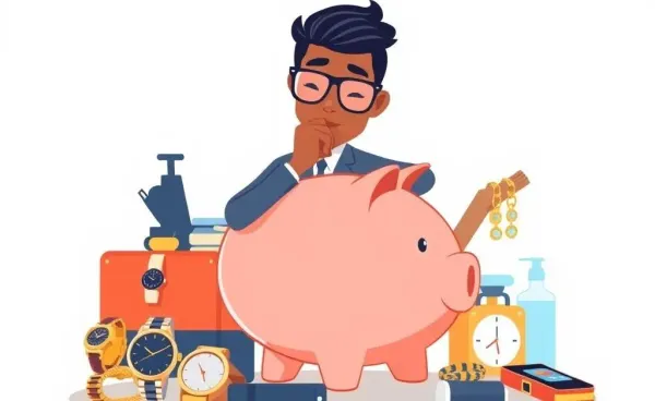 Cartoon of a wealthy person balancing a piggy bank and luxury items