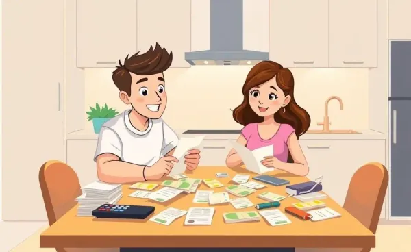 Couple reviewing monthly expenses with bills and calculator on the table
