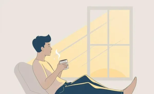 A peaceful morning scene with sunshine filtering through while someone enjoys coffee