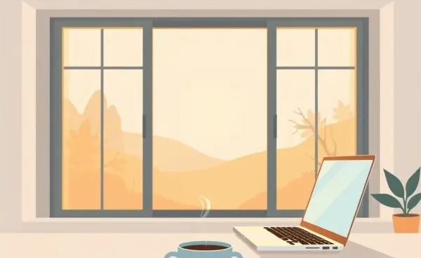 A serene morning view from a home office with coffee and a laptop.