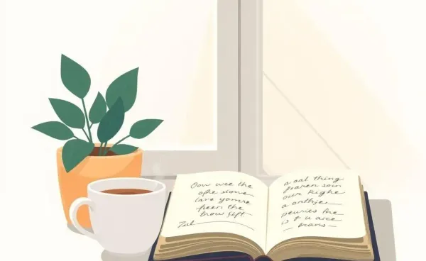 A serene morning setup with coffee, a journal, and a plant by a window