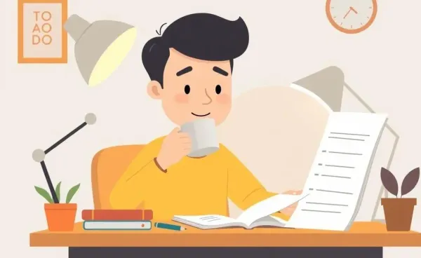 A person planning their morning routine with coffee